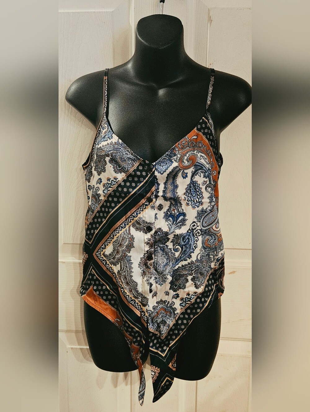 H&M Paisley Handkerchief-Hem Camisole in White, Blue & Brown